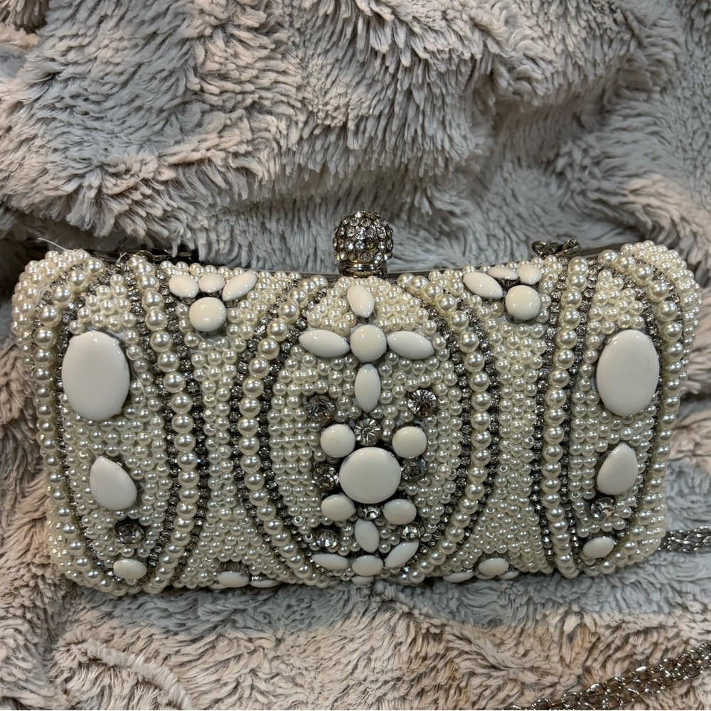 Joan Vass gorgeous silver beaded pearl & rhinestone evening bag clutch purse